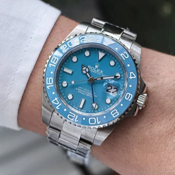 Branded GMT 2 Watch master Steel-Aqua Blue